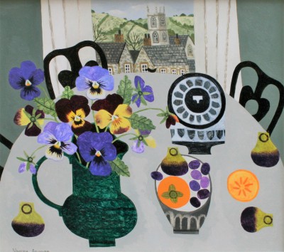 VANESSA BOWMAN - pansies on grey table